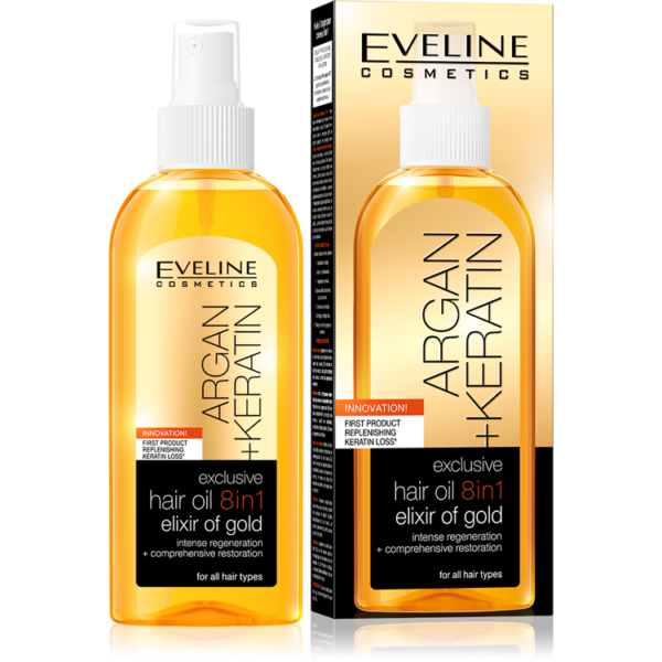 روغن 8کاره آرگان و کراتین ایولاین آبرسان و احیاکننده مو EVELINE Argan+Keratin HairOil 8in1 Elixir Of Gold 150ml