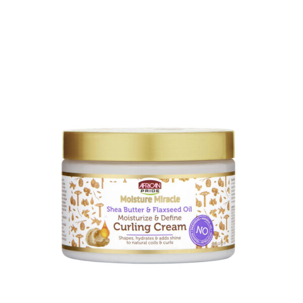 کرم حالت دهنده فر افریکن پراید مدل شی باتر و بذرکتان African Pride MOISTURE MIRACLE SHEA BUTTER & FLAXSEED OIL CURLING CREAM 340ml