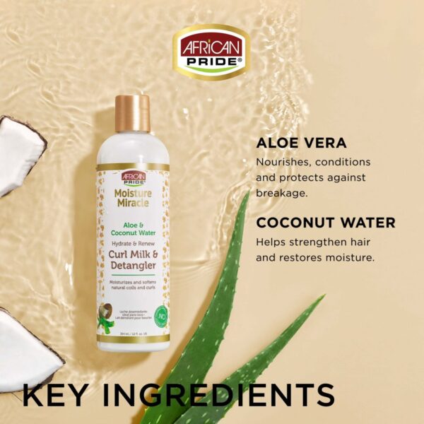 شیر مو آبرسان موی فر افریکن پراید گره بازکن African Pride MOISTURE MIRACLE ALOE & COCONUT WATER CURL MILK & DETANGLER 354ml