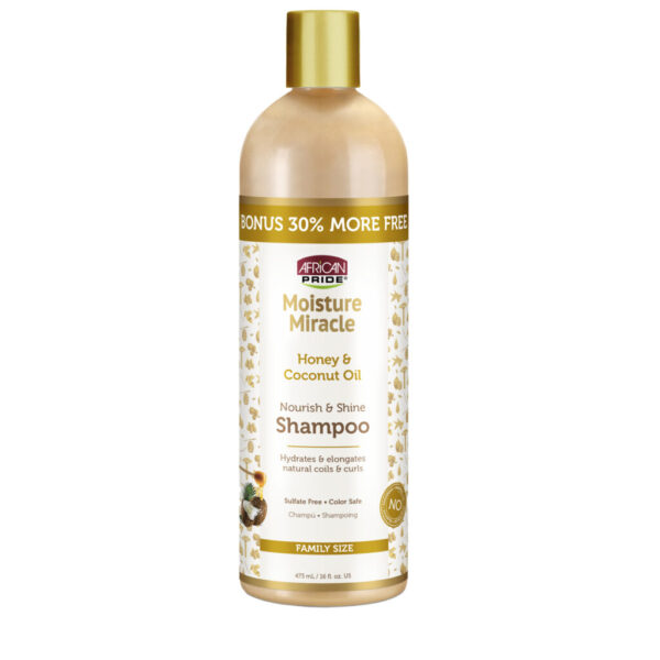 شامپو مخصوص موهای فر و حالت دار افریکن پراید بدون سولفات African Pride MOISTURE MIRACLE HONEY & COCONUT OIL SHAMPOO 473ml