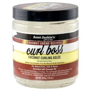 ژل استایل موی فر نارگیل آنت جکیز آبرسان و حالت دهنده فر Aunt Jackie's Coconut Crème Recipes Curl Boss Coconut Curling Hair Gel for Naural Curls, Coils and Waves 430ml