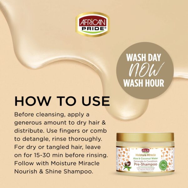 پری‌شامپو موی فر افریکن پراید با آلوئه‌ورا و آب نارگیل ۳۴۰ گرم – African Pride Moisture Miracle Aloe & Coconut Water Pre-Shampoo 340gr