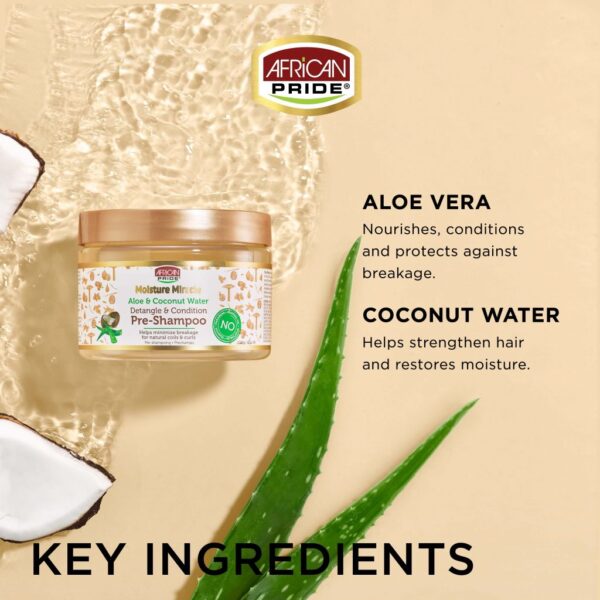 پری‌شامپو موی فر افریکن پراید با آلوئه‌ورا و آب نارگیل ۳۴۰ گرم – African Pride Moisture Miracle Aloe & Coconut Water Pre-Shampoo 340gr