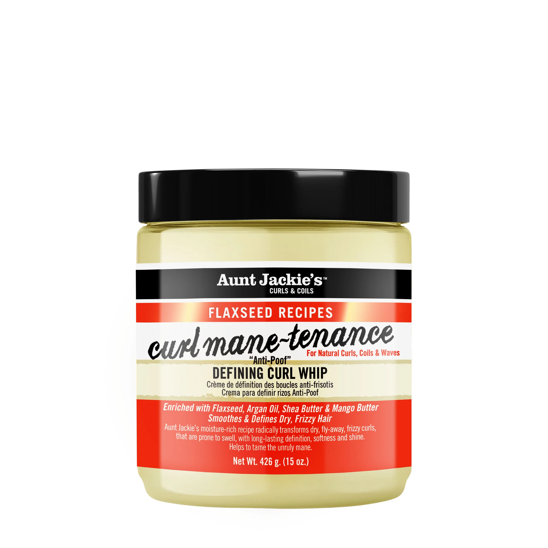 34285671150_AUNTJACKIES_CurlManetenanceCurlWhip_15ozJar_FRONT کرم استایل بذر کتان موی فر آنت جکیز – Aunt Jackie's Curls & Coils Curl Mane-Tenance Anti-Poof Defining Curl Whip (ساخت آمریکا)